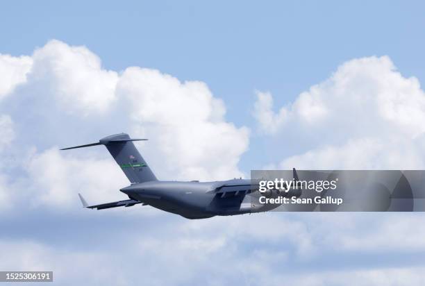 Boeing C-17 Globemaster III military cargo plane of the United States Air Force takes off from Vilnius International Airport on July 08, 2023 in...