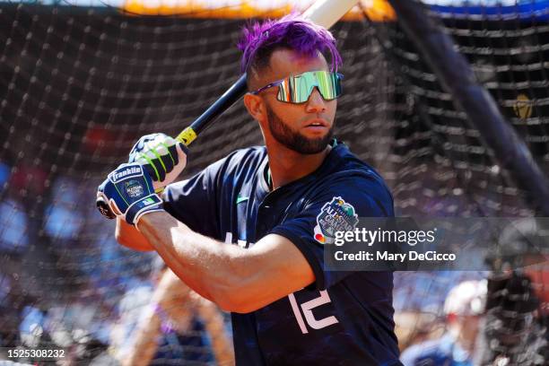 Lourdes Gurriel Jr. #12 of the Arizona Diamondbacks takes batting practice before the 93rd MLB All-Star Game presented by Mastercard at T-Mobile Park...