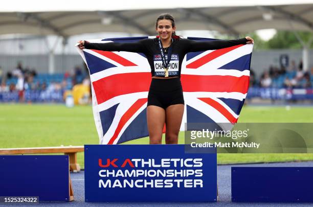 Georgina Forde-Wells of Woodford Green celebrates after winning the Women's Triple Jump Final during Day One of the UK Athletics Championships at...
