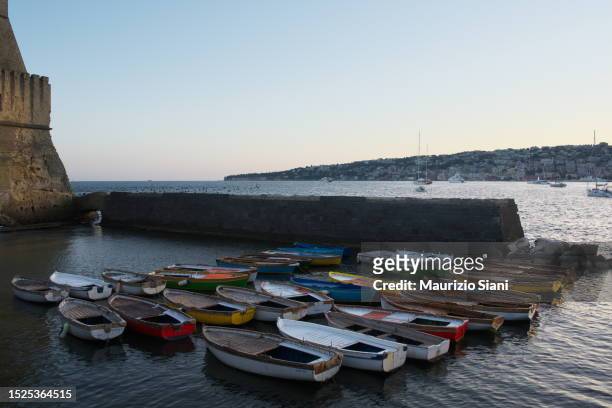 boats docked at a harbor, borgo marinari, castel dell'ovo, bay of naples, naples, italy - goiter fotografías e imágenes de stock