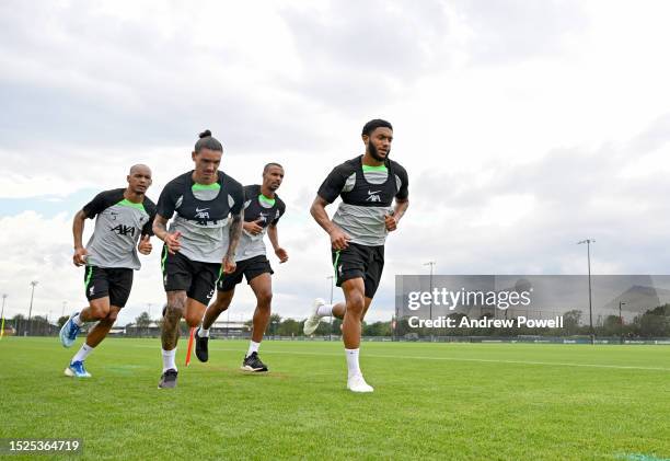 Joe Gomez, Fabinho, Joel Matip and Darwin Nunez of Liverpool during the first day back for pre-season at AXA Training Centre on July 08, 2023 in...