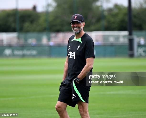 Jurgen Klopp manager of Liverpool during the first day back for pre-season at AXA Training Centre on July 08, 2023 in Kirkby, England.