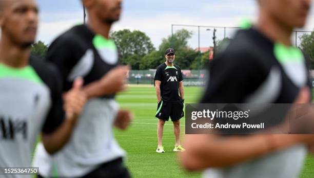 Jurgen Klopp manager of Liverpool during the first day back for pre-season at AXA Training Centre on July 08, 2023 in Kirkby, England.