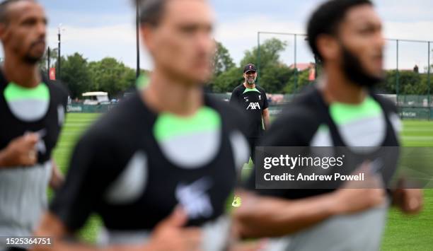 Jurgen Klopp manager of Liverpool during the first day back for pre-season at AXA Training Centre on July 08, 2023 in Kirkby, England.