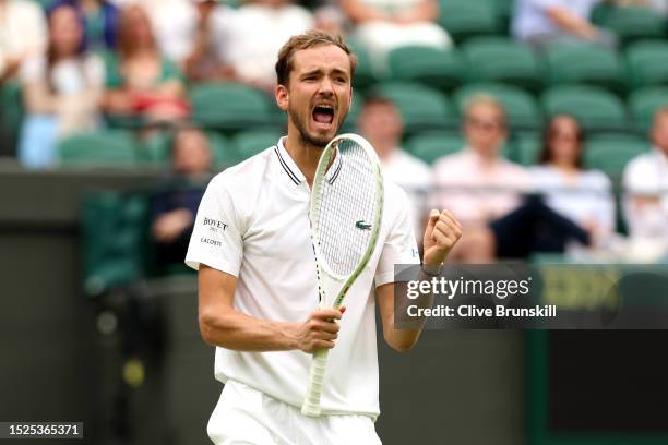 Daniil Medvedev celebrates against Marton Fucsovics of Hungary in the Men's Singles third round match during day six of The Championships Wimbledon...