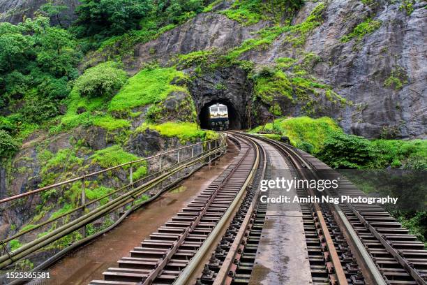 a train emerging from a tunnel - bahntunnel stock-fotos und bilder