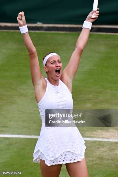 Petra Kvitova of Czech Republic celebrates winning match point against Natalija Stevanovic of Serbia in the Women's Singles third round match during...