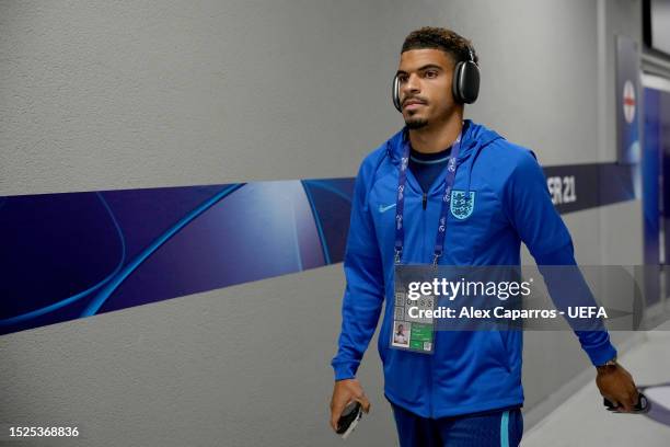 Morgan Gibbs White of England arrive to the stadoim prior to the UEFA Under-21 Euro 2023 final match between England and Spain at Batumi Arena on...