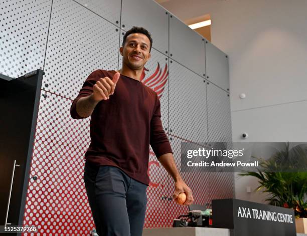Thiago Alcantara of Liverpool during the first day back for pre-season at AXA Training Centre on July 08, 2023 in Kirkby, England.