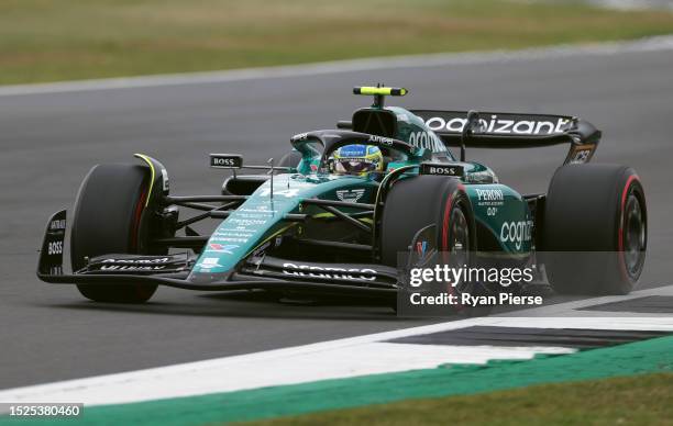 Fernando Alonso of Spain driving the Aston Martin AMR23 Mercedes on track during qualifying ahead of the F1 Grand Prix of Great Britain at...