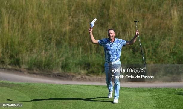 Marcel Siem of Germany celebrates his birdie on the 16th hole during Day Three of the Made in HimmerLand at Himmerland Golf & Spa Resort on July 08,...