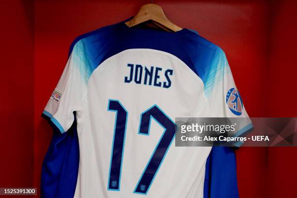 The shirt of Curtis Jones of England is seen in the England dressing room prior to the UEFA Under-21 Euro 2023 final match between England and Spain...