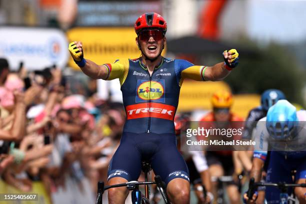 Mads Pedersen of Denmark and Team Lidl-Trek celebrates at finish line as stage winner during the stage eight of the 110th Tour de France 2023 a...