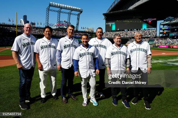 Seattle Mariner legends pose for a photo on the field prior to the 93rd MLB All-Star Game presented by Mastercard at T-Mobile Park on Tuesday, July...