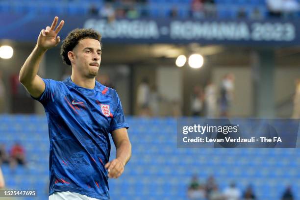 Curtis Jones of England warms up prior to the UEFA Under-21 Euro 2023 final match between England and Spain at Batumi Arena on July 08, 2023 in...