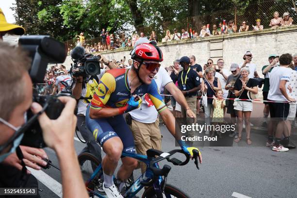 Stage winner Mads Pedersen of Denmark and Team Lidl-Trek reacts after the stage eight of the 110th Tour de France 2023 a 200.7km stage from Libourne...