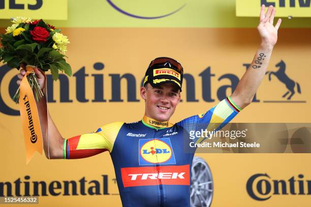 Mads Pedersen of Denmark and Team Lidl-Trek celebrates at podium as stage winner during the stage eight of the 110th Tour de France 2023 a 200.7km...