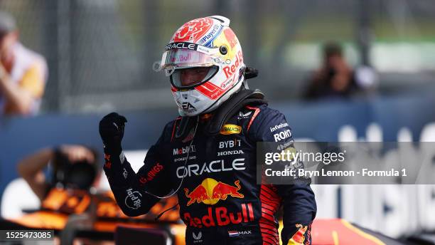 Pole position qualifier Max Verstappen of the Netherlands and Oracle Red Bull Racing celebrates in parc ferme during qualifying ahead of the F1 Grand...