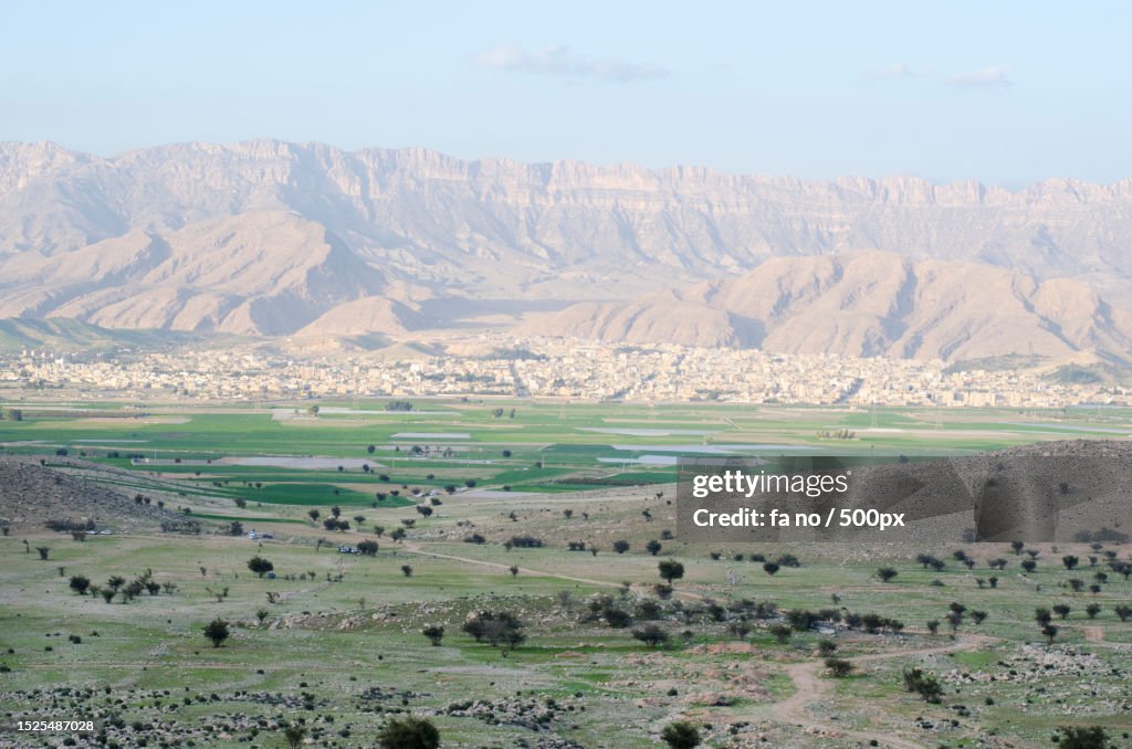 Scenic view of landscape and mountains against sky,Kazerun,Fars Province,Iran