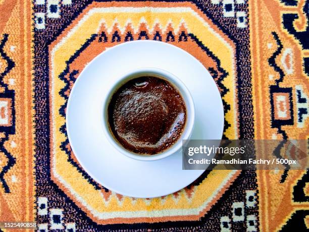 directly above shot of coffee cup on table,motosu,gifu prefecture,japan - turkish coffee drink stock pictures, royalty-free photos & images