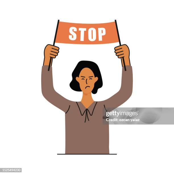 young woman holding placard that says stop. politics, violence against women, environmental protection, animal rights, etc. general modern design for many subjects. - sexual harassment stock illustrations