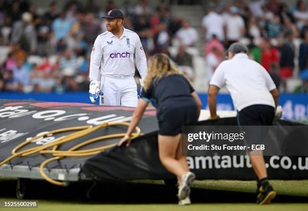 Groundstaff bring on the covers as rain delays interrupts play during Day Three of the LV= Insurance Ashes 3rd Test Match between England and...