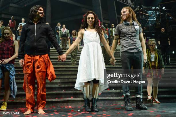 Ben Forster, Mel C and Tim Minchin attend the curtain call on the press night for Jesus Christ Superstar, the arena tour at The O2 Arena on September...