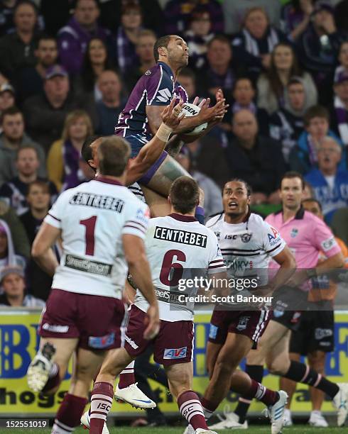 Justin O’Neill of the Storm is catches a high ball during the NRL Preliminary Final match between the Melbourne Storm and the Manly Sea Eagles at...