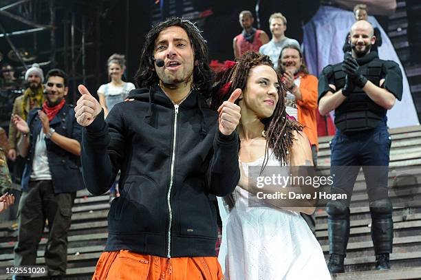 Ben Forster and Mel C attend the curtain call on the press night for Jesus Christ Superstar, the arena tour at The O2 Arena on September 21, 2012 in...