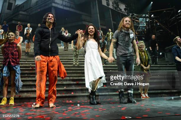 Ben Forster, Mel C and Tim Minchin attend the curtain call on the press night for Jesus Christ Superstar, the arena tour at The O2 Arena on September...