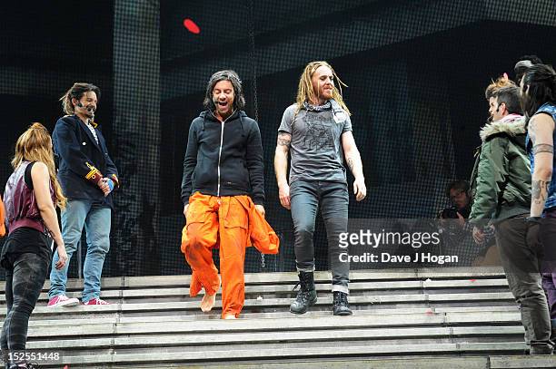 Ben Forster and Tim Minchin attend the curtain call on the press night for Jesus Christ Superstar, the arena tour at The O2 Arena on September 21,...