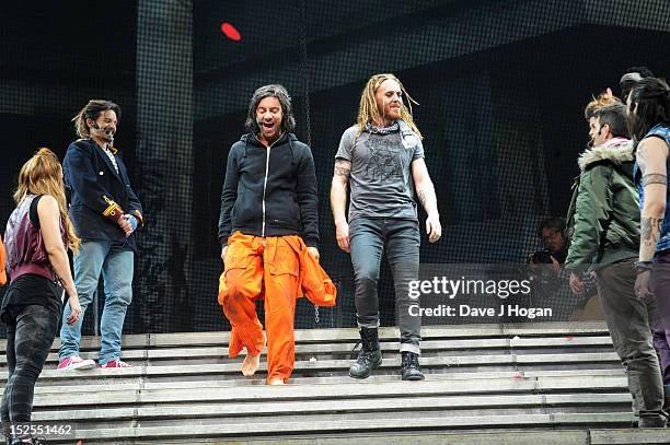 Ben Forster and Tim Minchin attend the curtain call on the press night for Jesus Christ Superstar, the arena tour at The O2 Arena on September 21,...