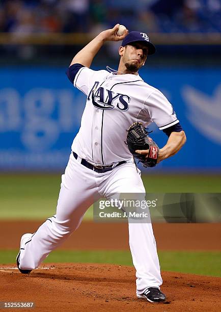 Pitcher James Shields of the Tampa Bay Rays pitches against the Toronto Blue Jays during the game at Tropicana Field on September 21, 2012 in St....