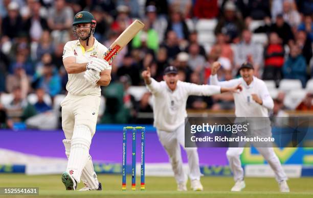 Mitchell Marsh of Australia reacts after being dismissed by Chris Woakes of England during Day Three of the LV= Insurance Ashes 3rd Test Match...
