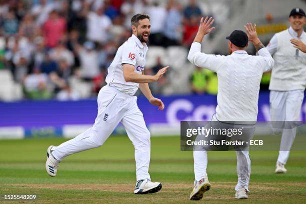 Chris Woakes of England celebrates with Ben Stokes after dismissing Mitchell Marsh of Australia during Day Three of the LV= Insurance Ashes 3rd Test...