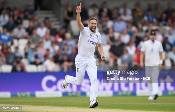 Chris Woakes of England celebrates dismissing Mitchell Marsh of Australia during Day Three of the LV= Insurance Ashes 3rd Test Match between England...