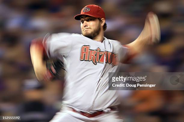 Starting pitcher Wade Miley of the Arizona Diamondbacks delivers against the Colorado Rockies at Coors Field on September 21, 2012 in Denver,...