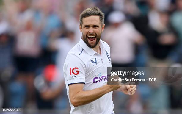 Chris Woakes of England celebrates dismissing Mitchell Marsh of Australia during Day Three of the LV= Insurance Ashes 3rd Test Match between England...