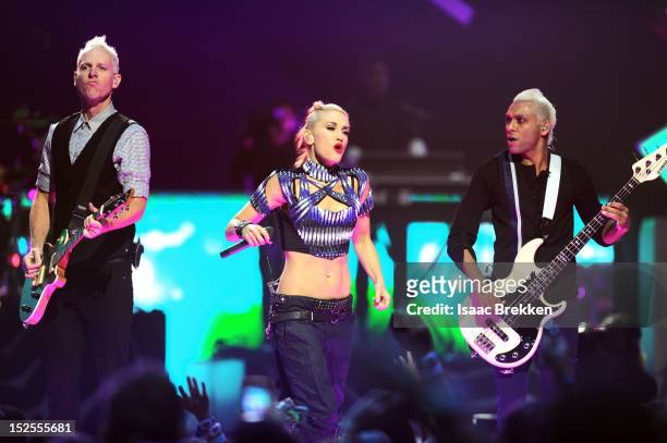 Guitarist Tom Dumont, singer Gwen Stefani and bassist Tony Kanal of No Doubt perform onstage during the 2012 iHeartRadio Music Festival at the MGM...