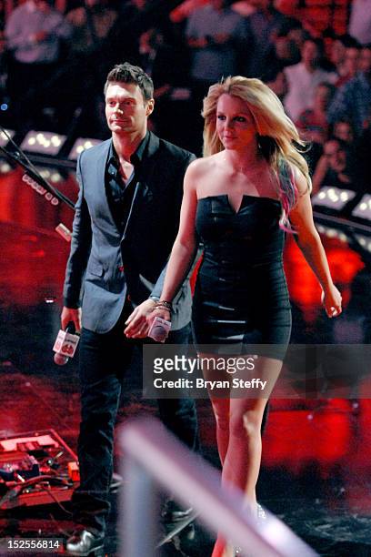 Host Ryan Seacrest and singer Britney Spears speak onstage during the 2012 iHeartRadio Music Festival at the MGM Grand Garden Arena on September 21,...