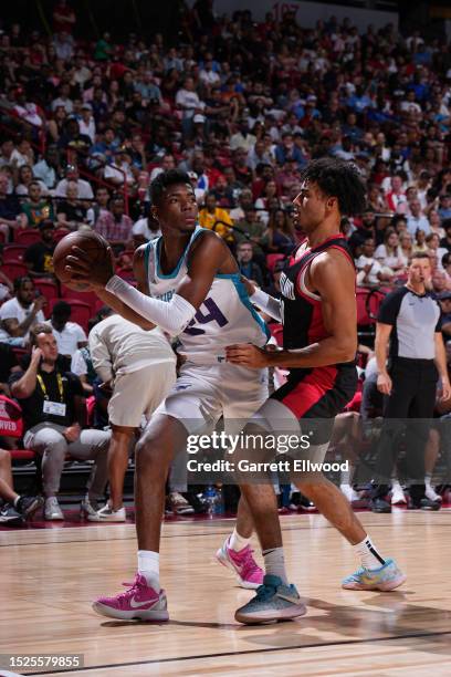 Brandon Miller of the Charlotte Hornets handles the ball during the 2023 NBA Las Vegas Summer League against the Portland Trial Blazers on July 11,...