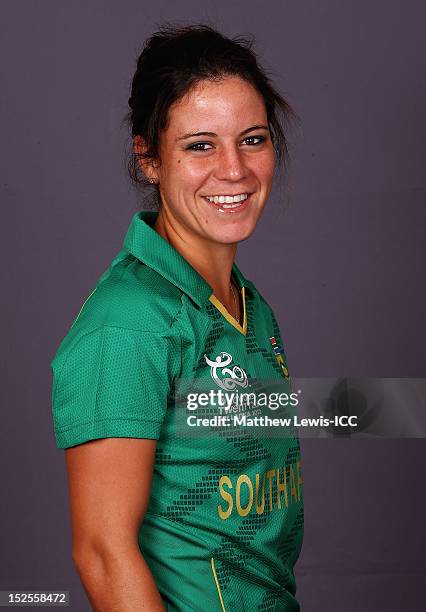 Marizanne Kapp of the South Africa Womens Cricket Team poses for a portrait ahead of the Womens ICC World T20 at the Galadari Hotel on September 22,...