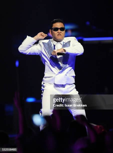 Psy performs onstage during the 2012 iHeartRadio Music Festival at the MGM Grand Garden Arena on September 21, 2012 in Las Vegas, Nevada.