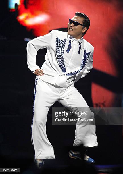 Psy performs onstage during the 2012 iHeartRadio Music Festival at the MGM Grand Garden Arena on September 21, 2012 in Las Vegas, Nevada.