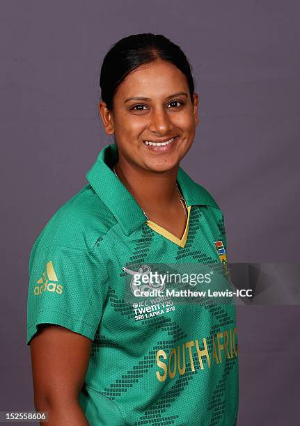 Trisha Chetty of the South Africa Womens Cricket Team poses for a portrait ahead of the Womens ICC World T20 at the Galadari Hotel on September 22,...