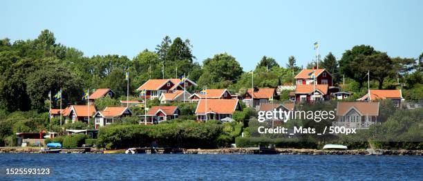 scenic view of river by buildings against clear sky,karlskrona,sweden - karlskrona foto e immagini stock