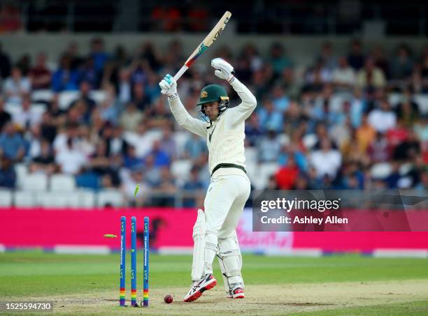 Alex Carey of Australia plays on to a ball from Chris Woakes of England during Day Three of the LV= Insurance Ashes 3rd Test Match between England...