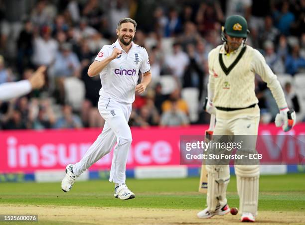 Chris Woakes of England celebrates dismissing Alex Carey of Australia during Day Three of the LV= Insurance Ashes 3rd Test Match between England and...