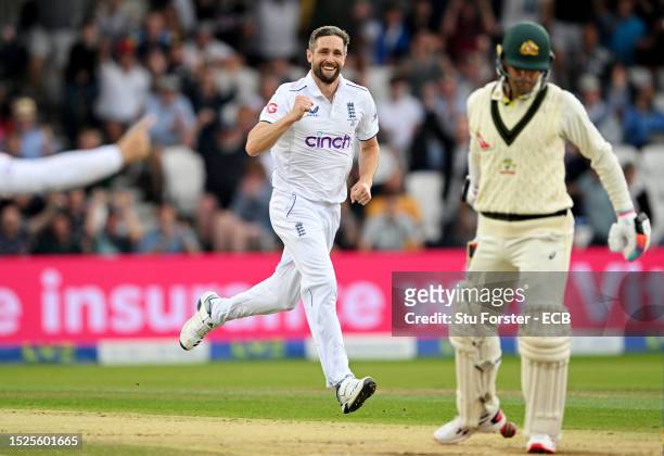 Chris Woakes of England celebrates dismissing Alex Carey of Australia during Day Three of the LV= Insurance Ashes 3rd Test Match between England and...