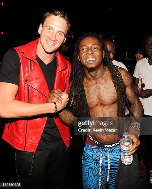 Ryan Lochte and Lil Wayne backstage during the 2012 iHeartRadio Music Festival at MGM Grand Garden Arena on September 21, 2012 in Las Vegas, Nevada.